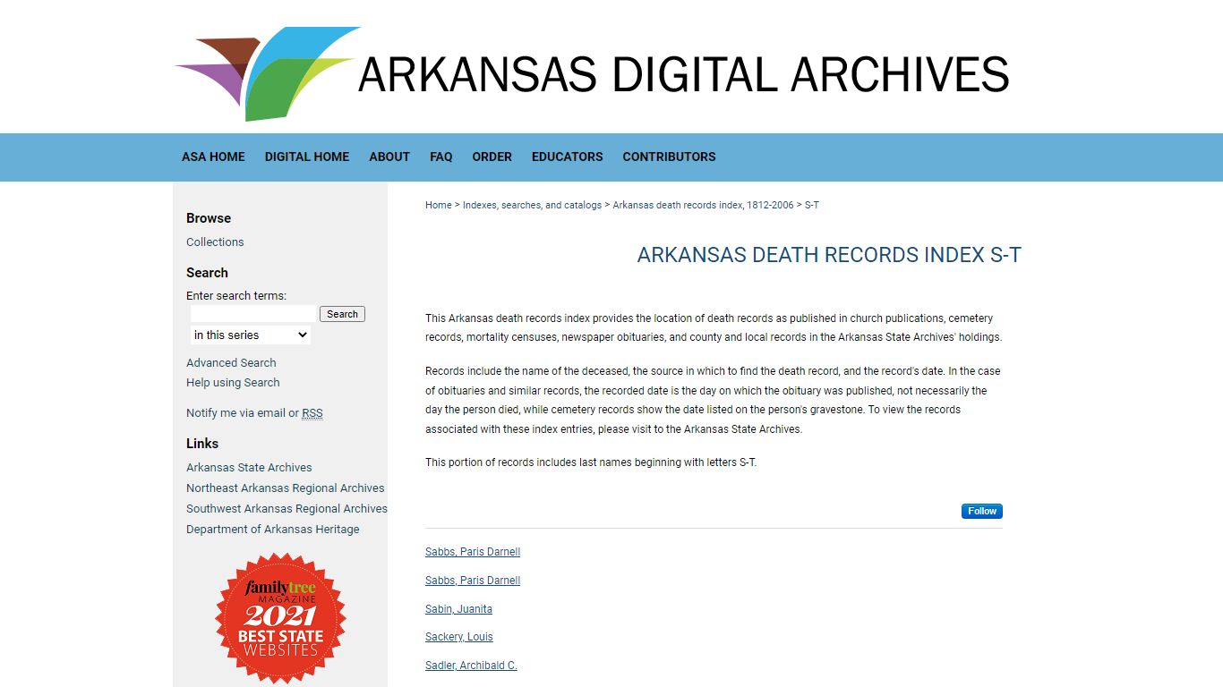 Arkansas death records index S-T